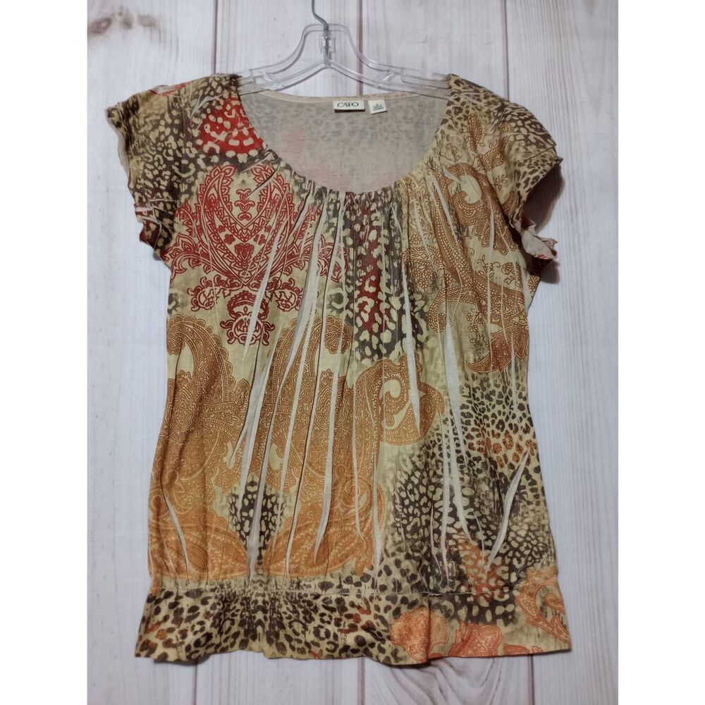 Cato Shirt Ladies Small Gold Animal Print Paisley Short Sleeve Y2K